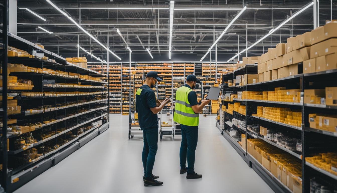 Two workers in a warehouse managing retail inventory.