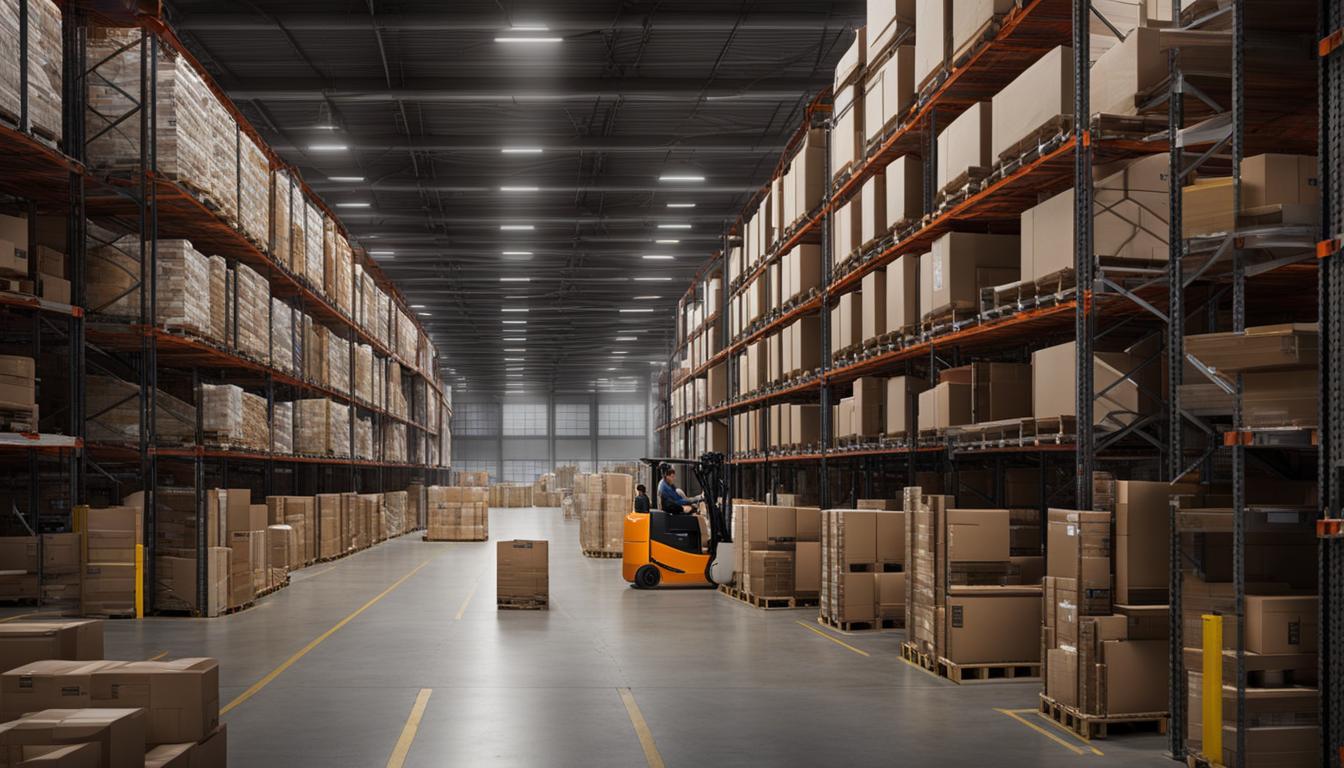 A **warehouse** managed through efficient **inventory management** techniques, housing numerous boxes and operated by skilled forklift drivers.