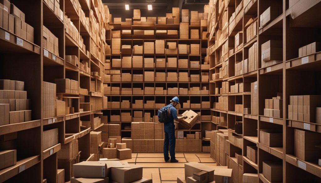 A man is expertly managing the inventory in a warehouse stacked with boxes.