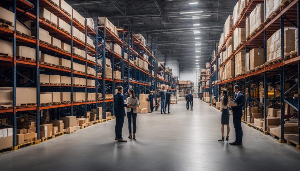 People in a warehouse engaged in inventory management, carefully examining boxes.