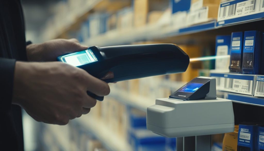 A man is using inventory management software to scan items in a store.