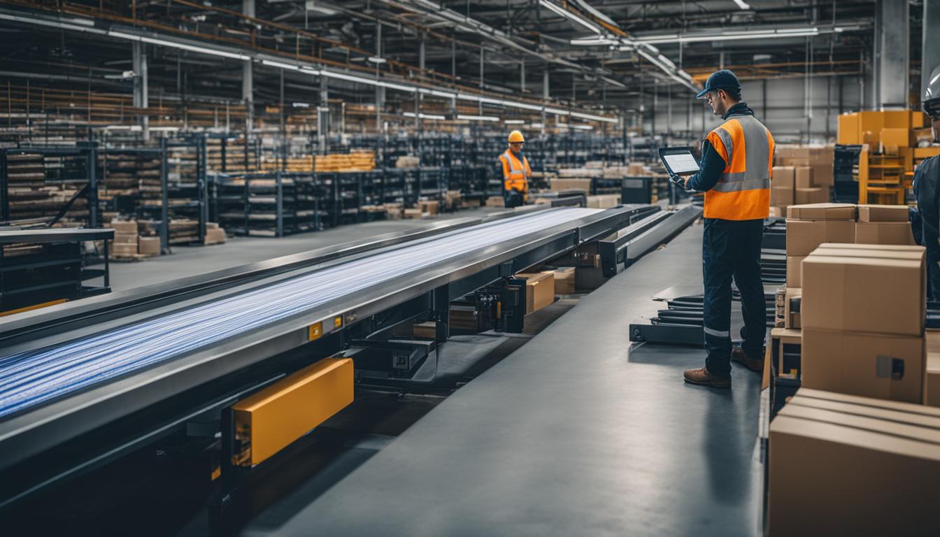 A worker in a warehouse using a tablet for inventory management.