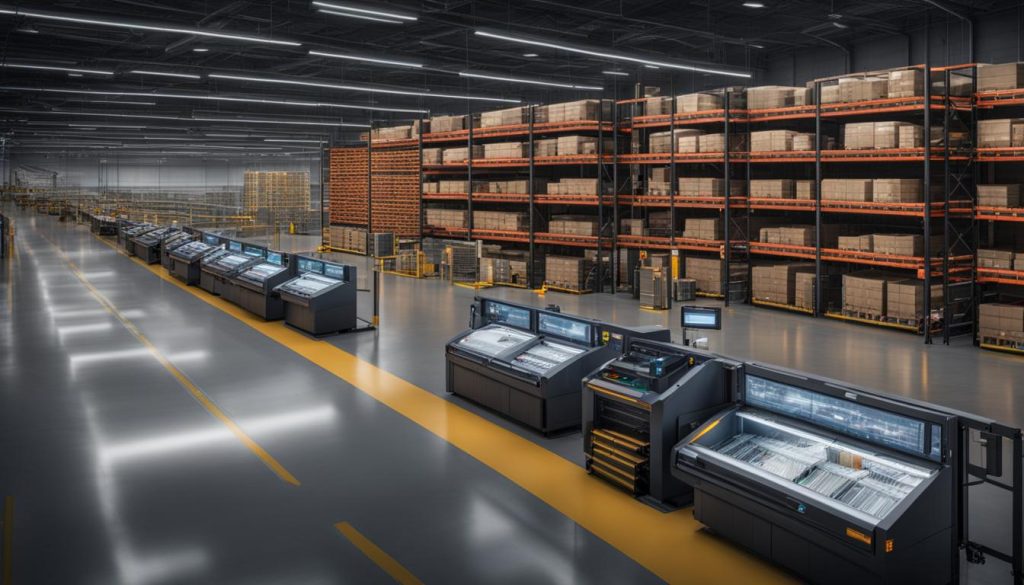 3D rendering of a warehouse with a lot of manufacturing machines.