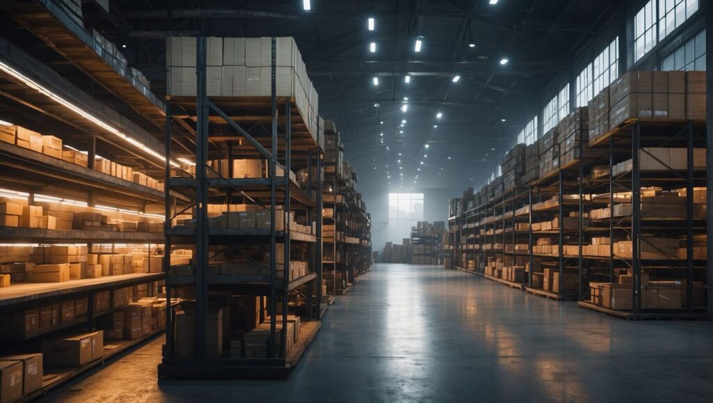 A warehouse equipped with personnel management tools, filled with boxes and pallets.