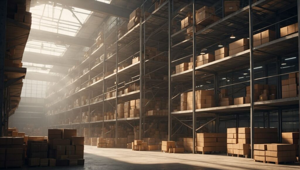 A warehouse equipped with personnel management tools and filled with boxes basking in the sunlight.