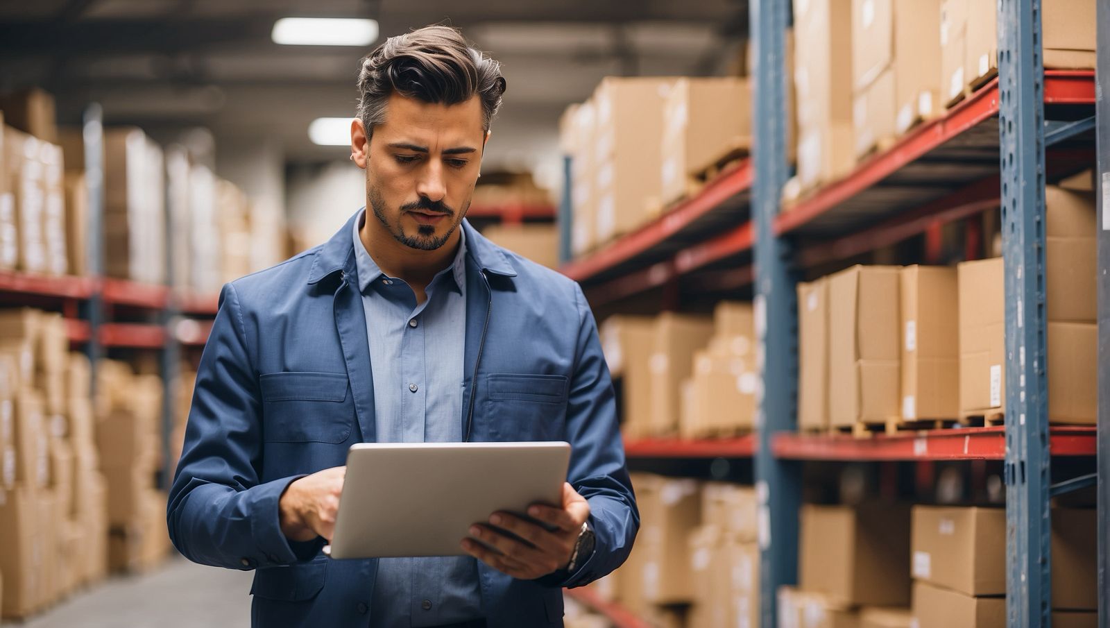 A man utilizing inventory management software on a tablet in a warehouse.