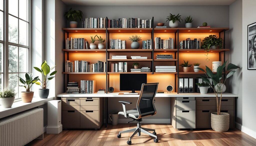 productive home office setup with storage solutions