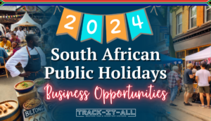 Banner promoting "South African Public Holidays 2024: Business Opportunities," featuring a vibrant street market scene with food stalls and crowds.