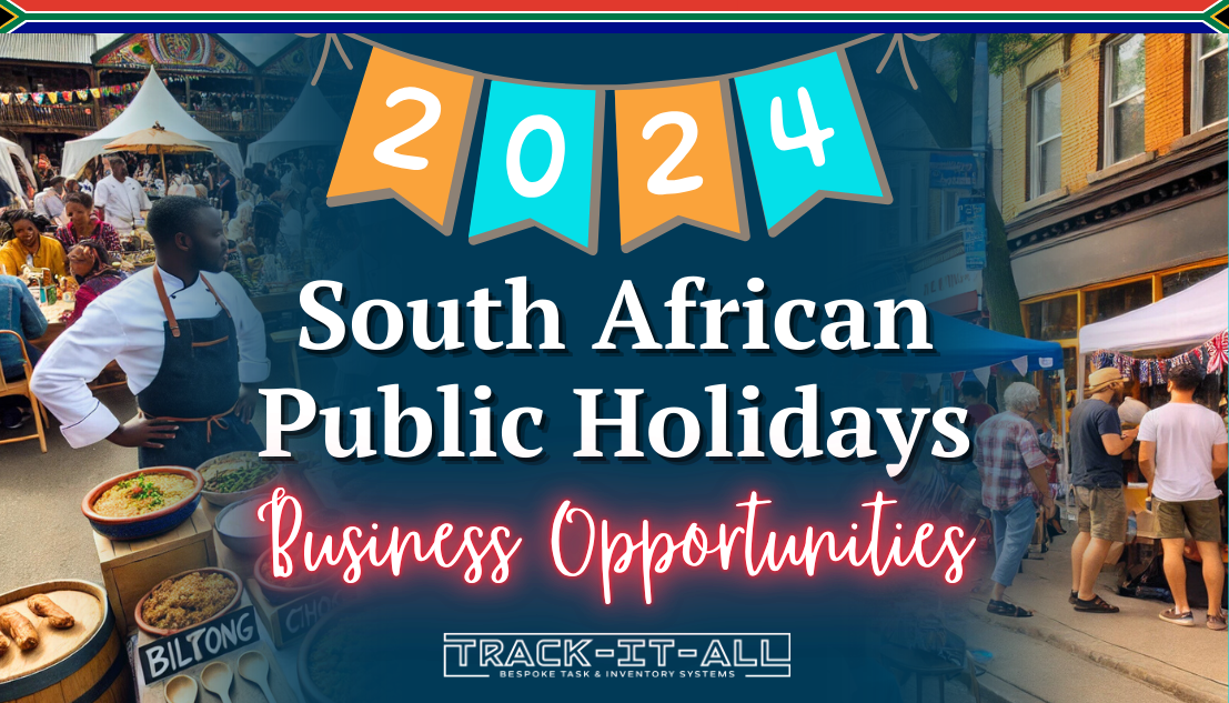 Banner promoting "South African Public Holidays 2024: Business Opportunities," featuring a vibrant street market scene with food stalls and crowds.