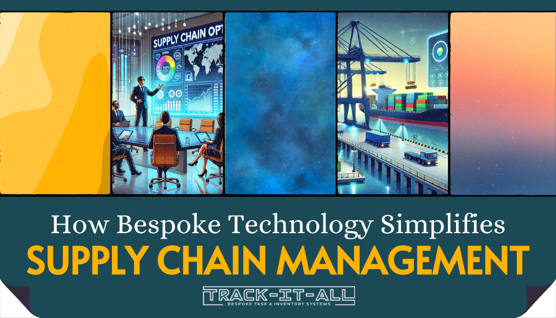 Illustrated banner showing a command center, digital cloud, shipping port, and trucks, with the text "How Bespoke Technology Simplifies Supply Chain Management" and logo "Track-It-All.