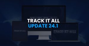 Computer, tablet, and laptop displaying "Track It All Update 24.1" on screens against a blue background.