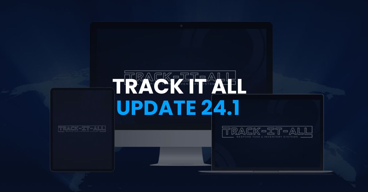 Computer, tablet, and laptop displaying "Track It All Update 24.1" on screens against a blue background.