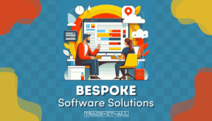 Illustration of two people discussing data on a computer with the text "Bespoke Software Solutions" and "Track-It-All" on a blue patterned background.