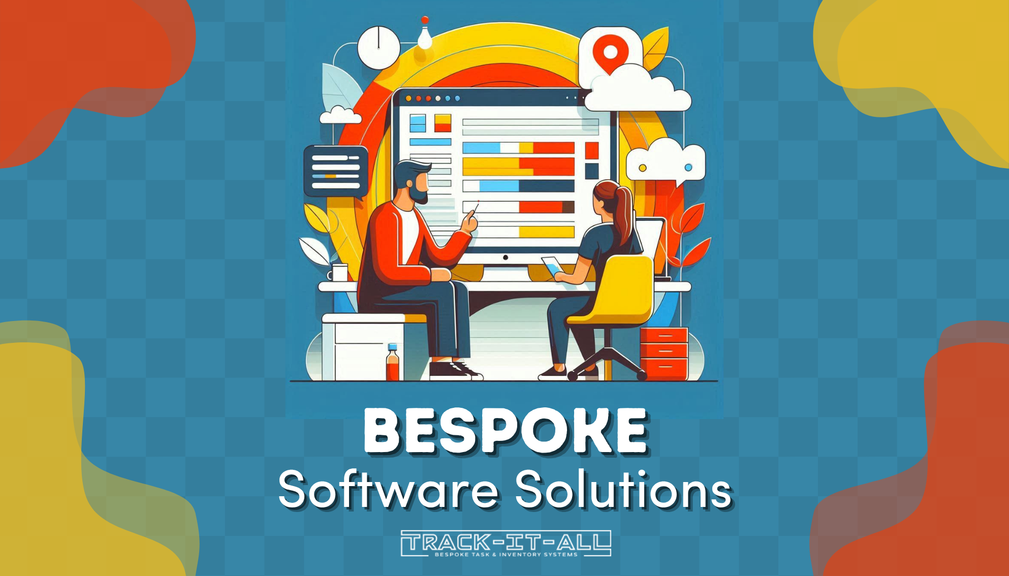 Illustration of two people discussing data on a computer with the text "Bespoke Software Solutions" and "Track-It-All" on a blue patterned background.
